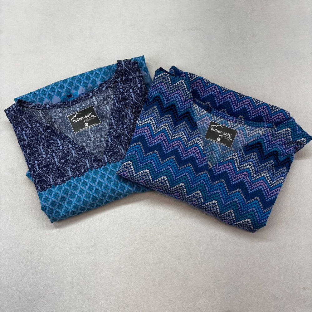 Butter-Soft Stretch Scrub Tops Women XL Blue 2-Pack Paisley Chevron
